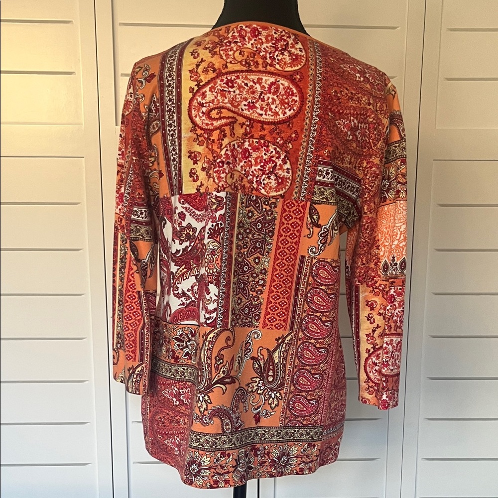 Chico's Vibrant Red and Orange Boho Patchwork Top Tunic Sz 0 - Picture 5 of 12